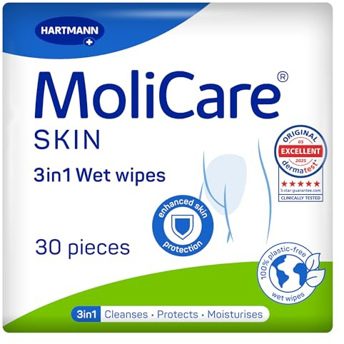 MoliCare Skin 3in1 Wet Wipes | Cleanse, Moisturise & Protect Sensitive Skin | Ideal for Full-Body & Intimate Hygiene | XL Wipes 20 x 29.5 cm | 30 Pieces