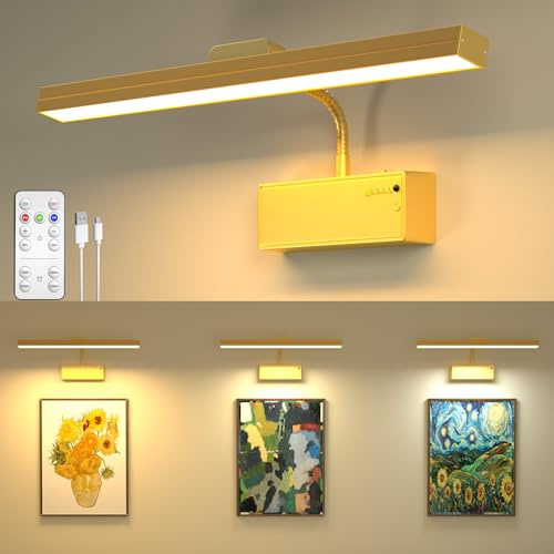 LED Bildbeleuchtung Kabellos, Dimmbare Bilderleuchte Akku mit Fernbedienung, 3000mAh, Bilderlampe mit 3 Farbtemperaturen & Timer, Dart Beleuchtung LED Wandlampe für Bilder Portrait Kunstwerk (Gold)