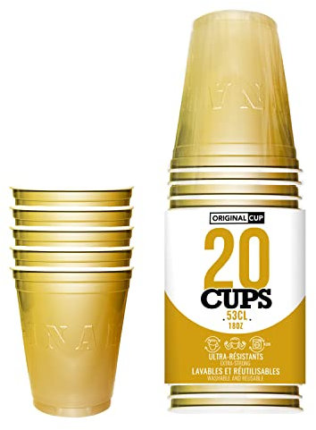 Pack de x20 Original Gold Cups Officiels | Gobelets Américains 53cl Dorés Or | Beer Pong | Qualité Premium | Gobelets en Plastique Réutilisables | Lavables Main et Lave-Vaisselle | OriginalCup®