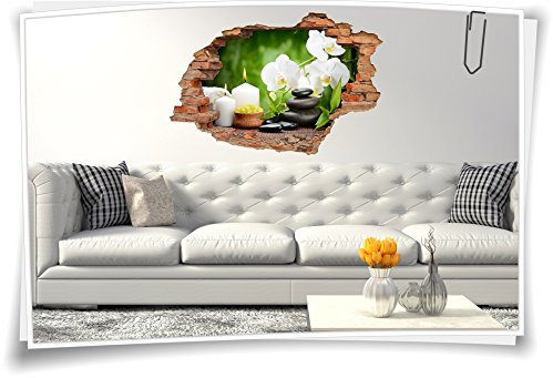 3D Wanddurchbruch Wandbild Wandtattoo Aufkleber Wellness Orchidee Steine Kerzen, 90x60cm