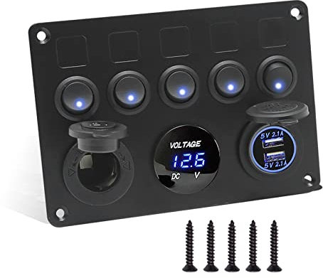 12V Switch Panel 12V/24V Toggle Panel Switches 5 Gang w/Voltmeter & 4.2A Dual USB Charger & 12V Cigarette Lighter for Vehicle Boat(Blue LED)