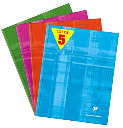Clairefontaine 9841C Lot de 5 Cahiers Brochure Rembordée Rigide - 17x22 cm - 192 Pages Grands Carreaux - Papier Blanc 90 g - Couverture Carte Pelliculée - Couleurs Aléatoires