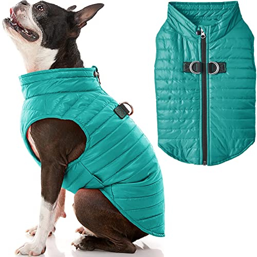 Gooby Puffer Weste Hundejacke – Türkis, Groß – Ultra Dünn Reißverschluss Windbreaker mit Dual D Ring Leine – Wasserabweisend Kleiner Hund Pullover Mantel – Hundekleidung für Kleine Hunde Junge oder