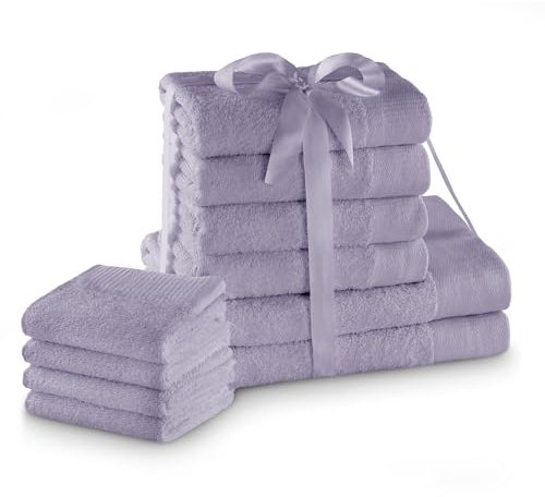 AmeliaHome Handtuch Set Lila 4 Gästetücher 30x50 cm 4 Handtücher 50x100 cm und 2 Duschtücher 70x140 cm 100% Baumwolle Qualität Saugfähig Violett Amari
