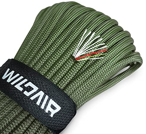 WILDAIR Paracord Survival Paracord Parachute Fire Cord Survival Ropes 4-in-1 100Ft 5/32 Diameter U.S. Military Type III with Integrated Fishing Line, Fire-Starter Tinder
