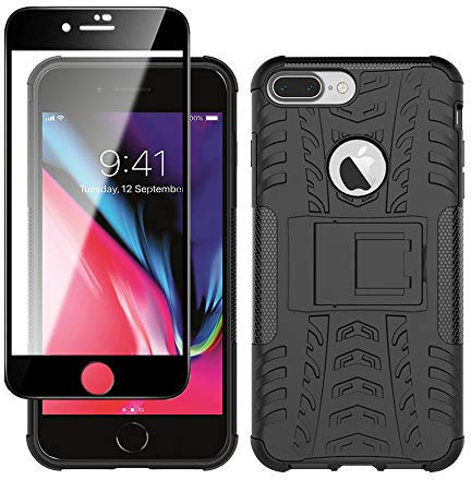 Yiakeng Coque pour iphone 8 Plus, Coque iphone 7 Plus et Verre Trempé D'écran Protecteur, Silicone Antichoc Full Protection avec béquille pour Apple iphone 7/8 Plus (Noir)