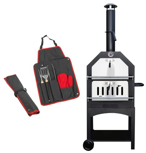 KCT Outdoor Wood Fired Pizza Oven with Stone, Temperature Gauge, Storage Shelf and BBQ Tool Set