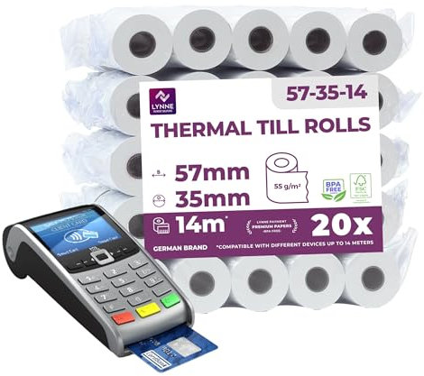 Rouleau tpe 57mm x 14m x 12mm – Rouleaux pour terminal carte bancaire – Bobine papier thermique 57x35x12 - sans BPA (20 Bobines)