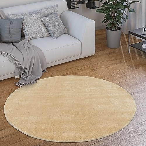 Paco Home Waschbarer Teppich Rund Wohnzimmer Kurzflor rutschfest Modern Flauschig Einfarbiges Muster, Grösse:200 cm Rund, Farbe:Beige