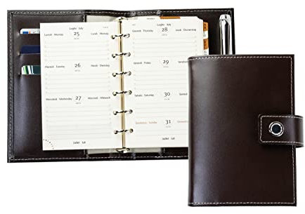 DELMON VARONE - Mini Pocket A6 Kalender 2025 Cambridge Top Grain Leder braun - Terminkalender Ringbuch & A-Z Telefonregister - Organizer Terminplaner mit Wochenansicht (1 Woche auf 2 Seiten)