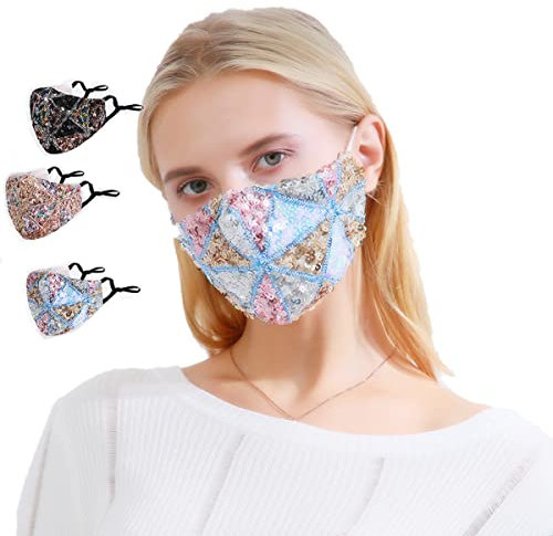 100 % Baumwolle, bunt, weich, niedlich, für Erwachsene und Frauen, atmungsaktiv, waschbar, mit verstellbaren Ohrschlaufen, Filtertasche, Pailletten (A mit Filtertasche)
