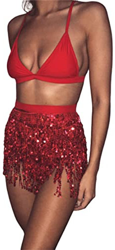 Yienate Sexy Damen Bauchtanz Kostüm Fransen Pailletten Rock Hüfte Quaste Glitzer Wrap Karnevals Kostüm (Rot)