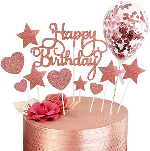 Bessy shop Happy Birthday Cake Topper Set,Birthday Cake Decoration Confetti Balloons Cake Toppers Birthday Cake Decorations Star Heart Cupcake Topper for Birthday Party Cake Supplies Rose Gold