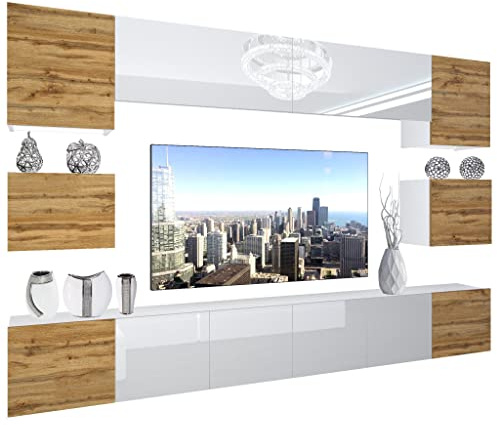 BELINI - Unité Murale TV NEX I Ensemble Muebles de Salon Complet I Ensemble Meuble TV avec Illumination LED I Dimensions: 300 x 180 x 36 cm I Coleur: chêne wotan/Blanc très Brillant