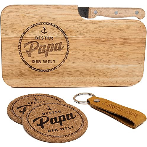 kupi Vatertagsgeschenk für Papa | Geschenk Vatertag Brettchen | Vatertagsgeschenke Bester Papa Geschenke | Frühstücksbrettchen + Schlüsselanhänger mit Untersetzer