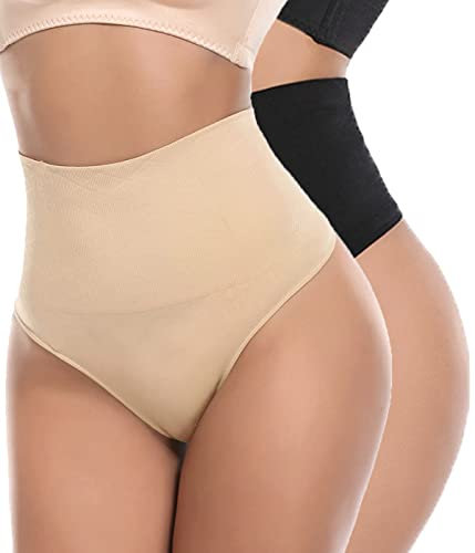 SOLO ACTFIT Faja Tanga Braga Reductora Braguita Moldeadora Adelgazante Cintura Alta Thong String Vientre Plano Braguitas Abdomen Shapewear para Mujer (S, Negro+Beige)