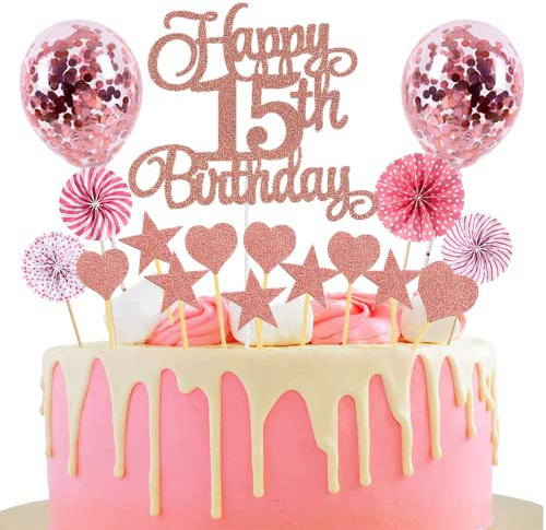 Tortendeko 15. Geburtstag Rosegold für Junge und Mädchen - Happy Birthday Glitter Cake Topper, Kuchendeko 15 Jahre, Happy 15th Birthday Kuchen Deko