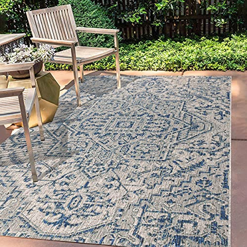 JONATHAN Y SMB105B-8 Estrella Bohemian Medaillon Strukturierter Teppich für drinnen und draußen, leicht zu reinigen, Schlafzimmer, Küche, Garten, Terrasse, nicht fusselnd, 240 cm x 300 cm, Marine/Grau