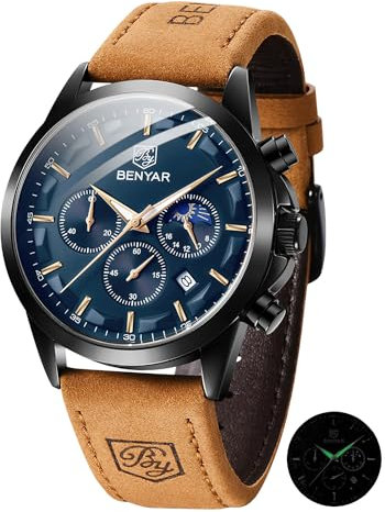Benyar Herrenuhr Uhren Herren Wasserdicht Herrenuhren Chronograph m?nner Armbanduhr für Herren Eleganz Lederarmband/Edelstahl Quarz Geburtstags/Weihnachts Gold/Silber/Blau/Schwarz