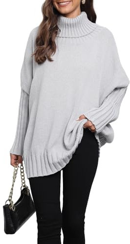 QUNERY Pull Femme Oversize Col Roulé Doux et Chaud Taille Unique Couleur Unie Pullover Hiver Épais Décontracté et Tendance Pull A-Gris