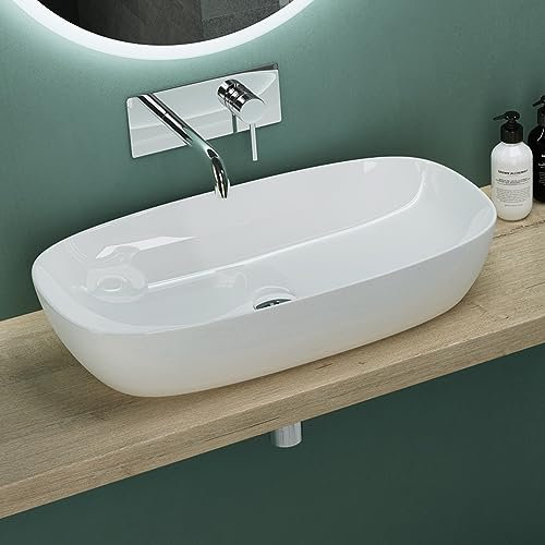 Mai & Mai Aufsatzwaschbecken Waschschale Waschbecken aus Keramik Weiß mit Nano-Beschichtung/Lotus-Effekt BTH: 70x37x13,5cm Brüssel104