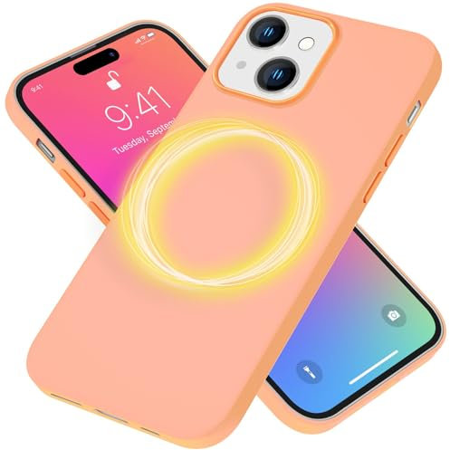 NALIA MagPower Liquid Silikon Case kompatibel mit iPhone 15 Hülle [kompatibel mit MagSafe], Kabellos Laden Easy Clean Funktion Anti-Kratzer Anti-Fingerabdruck, Magnet Schutzhülle Cover, Farbe:Orange