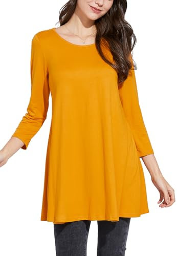 Enmain Womens Tunic Tops 3/4 Long Sleeve Ladies Yellow Tunics Casual Longline Loose Tunic Top for Leggings Round Neck Blouses Shirts 3XL