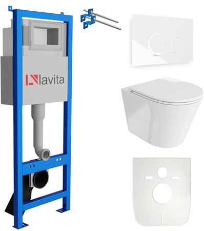 Lavita LAV 101 Vorwandelement für WC 40cm + Wand Hänge Tiefspül GALVE Weiß Spülrandlos + Bedienplatte LAV 200.4.1 Weiß + Sitz mit Absenkautomatik Unterputz Spülkasten Toilette Komplett Sett