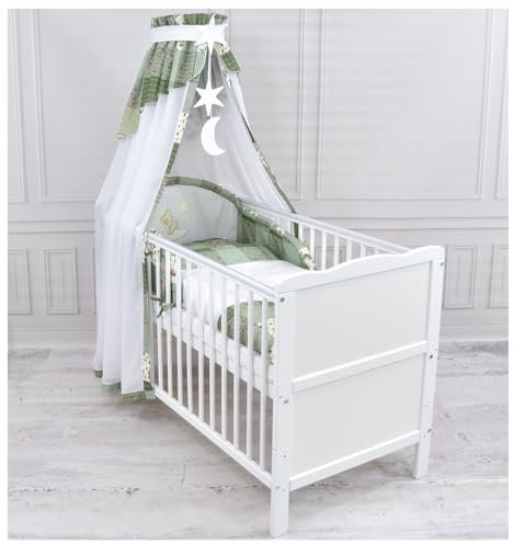 Generisch Baby Delux Babybett Komplett Set 9-TLG Kinderbett umbaubar zum Juniorbett 70x140 Matratze Jack Bettset Chiffonhimmel (Patchwork grün Mond)