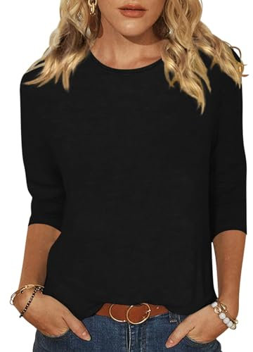 Minetom T-Shirt Damen 3/4 Arm Shirt Rundhals Tshirt Sommer Leichte Pullover Oberteil Einfarbig Basic Tee Tops A Schwarz XXL