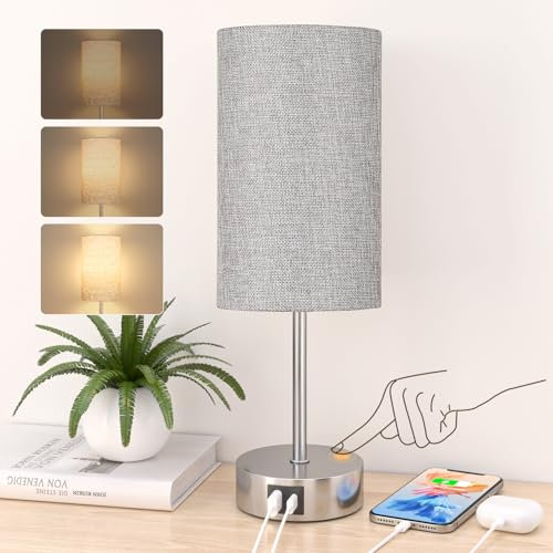STANBOW Bedside Lamps, Touch Lamps Bedside with USB A+C Charging Ports, 3-Way Dimmable LED, Table Lamps for Living Room Bedroom Gift with Gray Shade-Silver Base (LED Bulb Included)