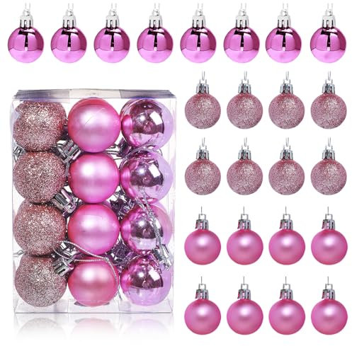 Liobelon Lot de 24 mini boules de Noël incassables à suspendre pour sapin de Noël (3,1 cm, rose)