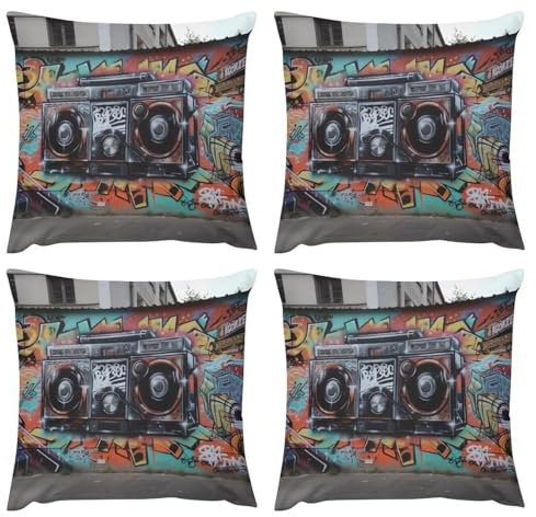 NQLYUT Dekokissenbezüge, 4er-Set, doppelseitig, Graffiti, Hip-Hop-Überwurf-Kissenbezüge, quadratisch, Couchkissen, Plüsch-Kissenbezüge für Wohnzimmer