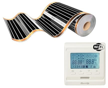 Warmcoin™ Infrarot Heizfolie, elektrische Fußbodenheizung, 50 cm, Set, 220 W/qm mit und ohne Thermostat (W51 WIFI Weiß thermostat, 15 lm = 7.5m²)