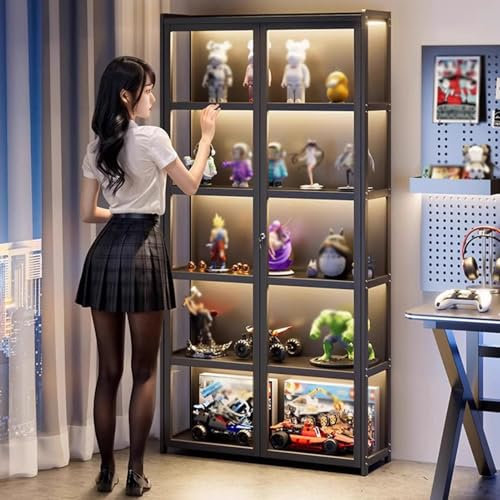 EFGETD Curio Display Cabinet with Acrylic Double Doors with Lights, Display Cabinet Corner with Lock for Collectibles, Transparent Figures Display Case Floor Standing Showcase(Black,6 Floor 80cm)