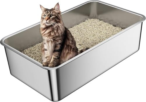 Lettiera per gatti in acciaio inox, grande XXL alta lettiera in metallo, antispruzzo, inodore e antiaderente, facile da pulire adatta per gatto grandi, piccoli e conigli, spaziosa 60x40x15cm