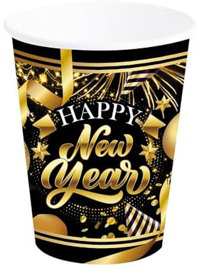 FIESTAS GUIRCA | 6 Verres Jetables Bonne Année (240 ml) (9 cm) - Décoration de Table pour Fêtes de Nouvel An et Graduations - Idéal pour Célébrations de Nouvel An - Noir, Or