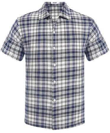 COOFANDY Chemisette pour Homme Été Chemise Carreaux Manche Courte Chemise Travail Chemises Bucheron Bleu & Blanc XL