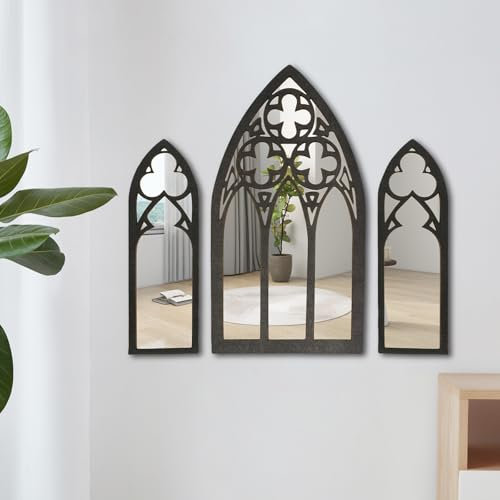 NIHUIFDPY 3 specchi gotici decorativi da parete ad arco per finestre da parete specchi vintage cattedrale arco cornice specchio adesivo decorativo gotico specchio con anello appeso per camera da letto