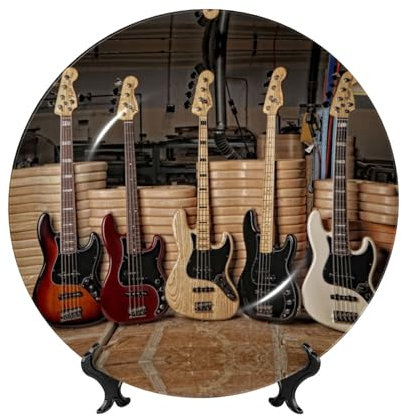 ESNAIUVCD Gitarre Bass Musik Instrumente Druck Knochenporzellan Dekorative Teller Keramik Teller Bedruckt Runde Speiseteller Basteln mit Präsentationsständer