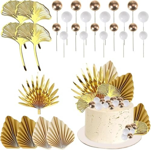 29 Stück Tortendeko Gold, Rosen, Magnolien, Gras, Gerste, Getrocknete Blumenstrauß Bälle, für Hochzeit und Geburtsta