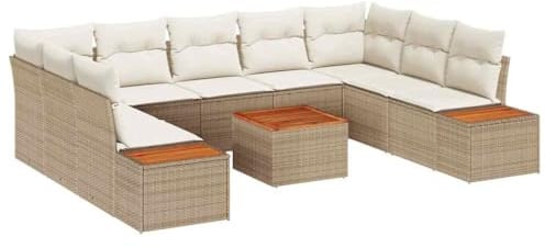 vidaXL 10-teiliges Garten-Sofa-Set mit Kissen in Beige aus Poly Rattan und Akazie. Modulares, wetterfestes Design für gemütliche Stunden im Garten, auf der Terrasse oder auf der Lounge.