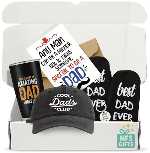Daddy Gifts with Socks, Dad Keyring, Baseball Cap, Tumbler and Father's Day Card, Birthday Present for Dad from Daughter or Son