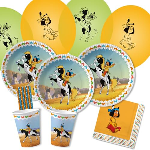 52-teiliges Party-Set - Indianer Yakari - Teller Becher Servietten Luftballons Trinkhalme für 8 Kinder