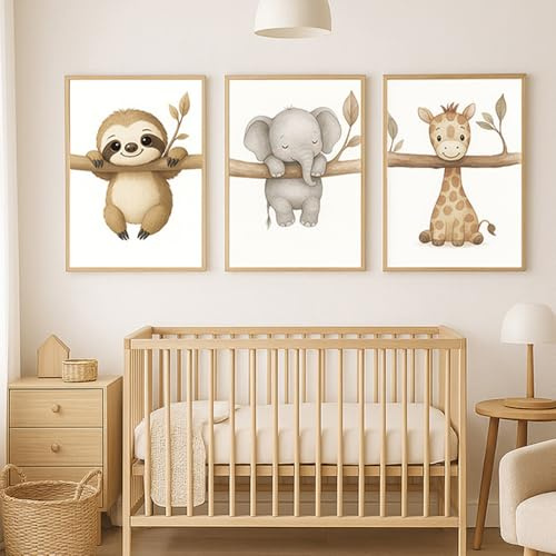 3 Laminas Animales Infantiles 30X40CM Cuadros Para Cuarto de Bebe Safari Poster Niños Habitacion Lienzo Animales Bebé Laminas Decorativas Pared Bebe Niña Cuadros Infantiles Beige sin Marco