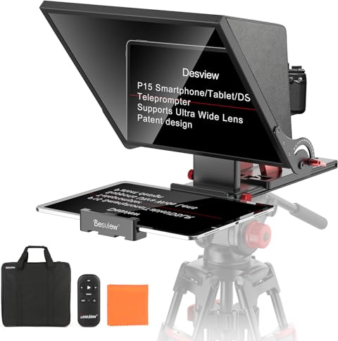 Desview P15 Téléprompteur 15 en Alliage d'Aluminium Réglable Verticalement pour iPad/Tablette avec Télécommande, Étui de Transport, App Gratuite - Idéal pour Filmmaking, Live Selfie & Vlogging