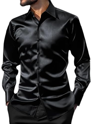 Men's Glossy Long Sleeve Shirt, Shiny Satin Silk Like Button Down Dress Shirts, Solid Lapel Collar Slim Fit Disco Dance Top, Chemise Smooth Wrinkle Free Tuxedo T-Shirt Casual Blouses for Wedding Party