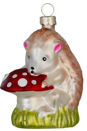 Christbaumschmuck Glas 8,3cm - Igel mit Pilz Figur zum Aufhängen - handbemalt - Weihnachtsbaum Anhänger für Weihnachten - Christbaumanhänger & Weihnachtsbaumschmuck - Wald Tiere Braun Rot Grün