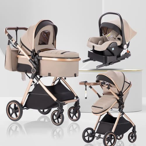 Lnhcrbs Kinderwagen 3 in 1, Reisesystem-Korb ist faltbar,Khaki-Beige