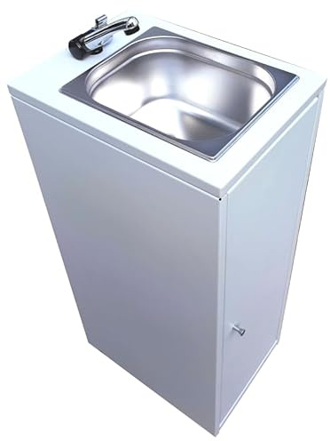 SANITOBI Mobiles Waschbecken mit Durchlauferhitzer – 15L Frisch- & Abwassertank – elektrische Wasserpumpe (aktiviert über Wasserhahn) – autarkes Handwaschbecken für Gastro, Märkte, Outdoor. Weiß